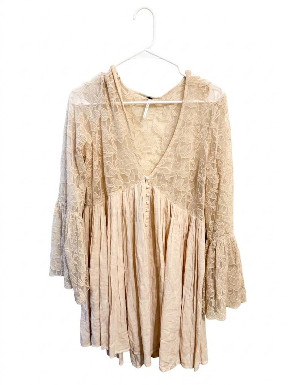 Free People Beige Lace Bell Sleeve Mini Dress